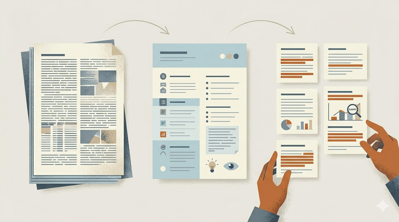 An explanatory image showing a long document becoming a short AI summary and a smaller set of highlighted sections for selective reading.