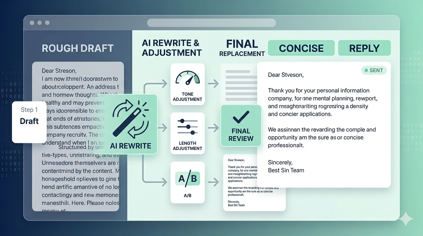An explanatory image showing a rough email draft being shortened and rewritten into a cleaner, more concise reply.