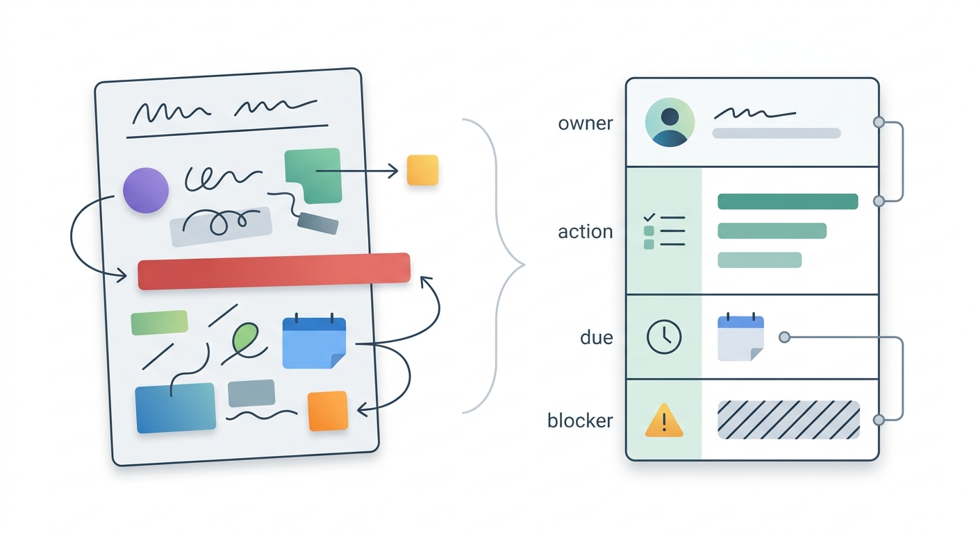 A meeting note page being reorganized into a clean action list with owner, action, due date, and blocker fields.