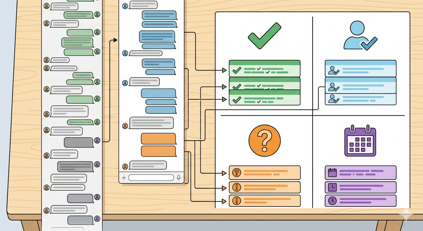 A long messenger conversation reorganized into decisions, actions, open replies, and schedule items.